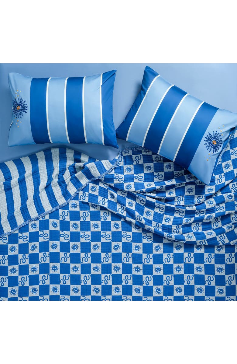 Zsa Zsa Zsu Costa Fringed Geometric Jacquard King Size 100% Cotton Bedspread 102X94 In, Main, color, Blue