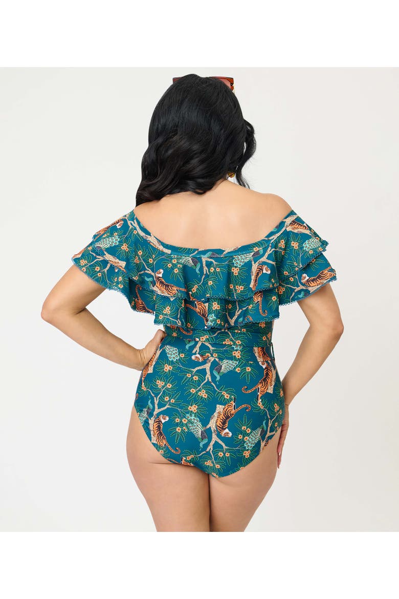 Off Shoulder Nantucket Swimsuit, Alternate, color, Teal Tiger Print