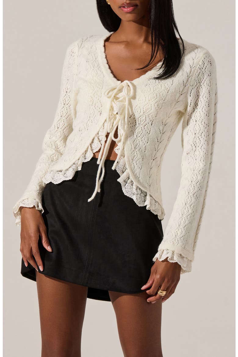 Lacey Ruffle Pointelle Tie-Front Cardigan, Main, color, CREAM