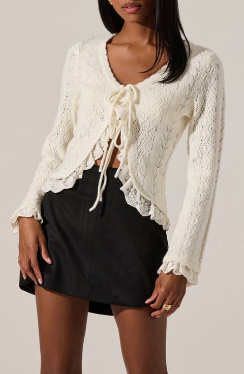 Lacey Ruffle Pointelle Tie-Front Cardigan