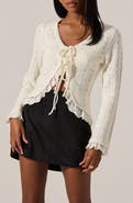 ASTR the Label Lacey Ruffle Pointelle Tie-Front Cardigan