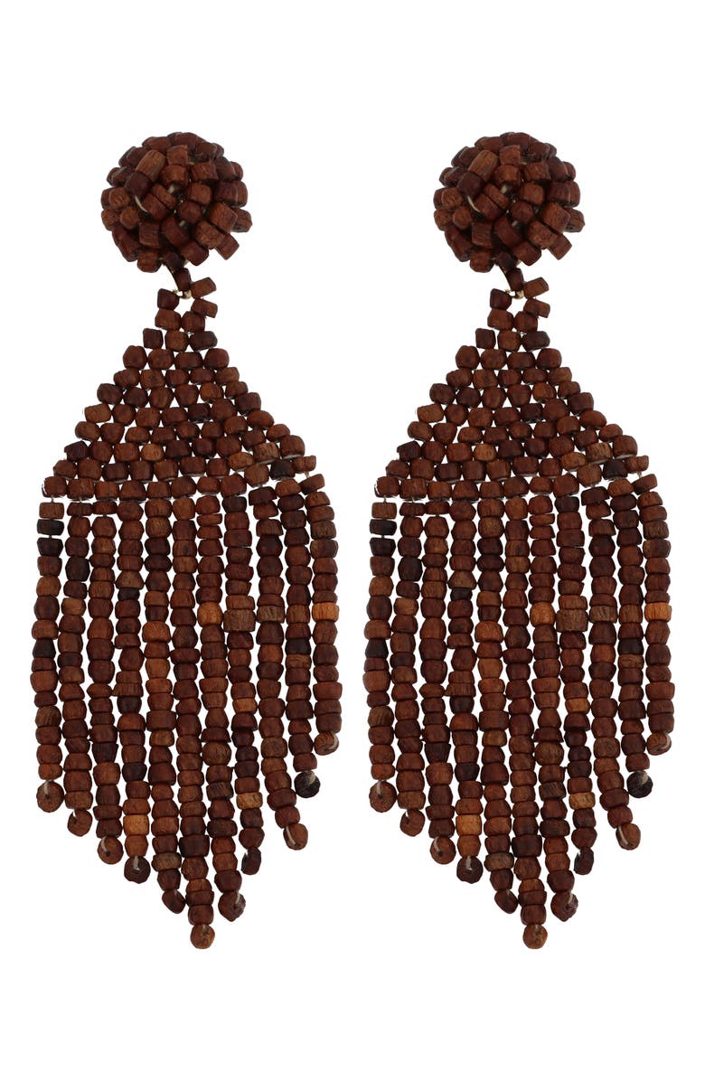 Panacea Beaded Fringe Drop Earrings, Main, color, Brown