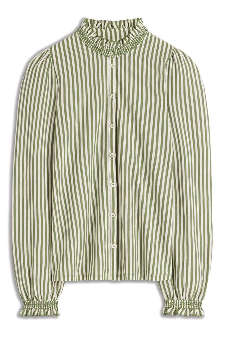 Effie Smocked Button-Up Shirt, Alternate, color, SAFARI GREEN AND IVORY STRIPE