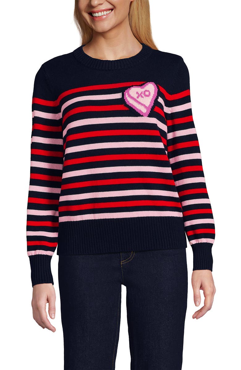 Lands' End Drifter Set in Sleeve Crew Neck Sweater, Alternate, color, Candy Heart/Navy/Red Stripe