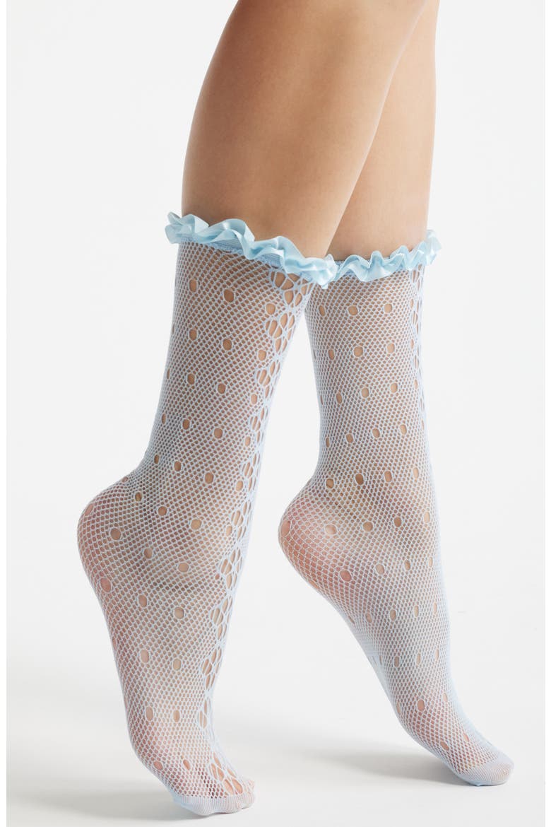Mimi Satin Ruffle Lace Crew Socks, Main, color, BLUE