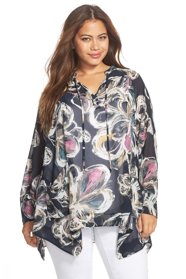 Pintuck Handkerchief Hem Top, Main, color, PEACOAT/ INKY GARDEN