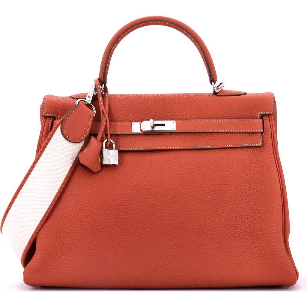 Pre-owned Hermes Hermes Kelly Amazone Handbag Orange Clemence With Palladium Hardware 35 In Red