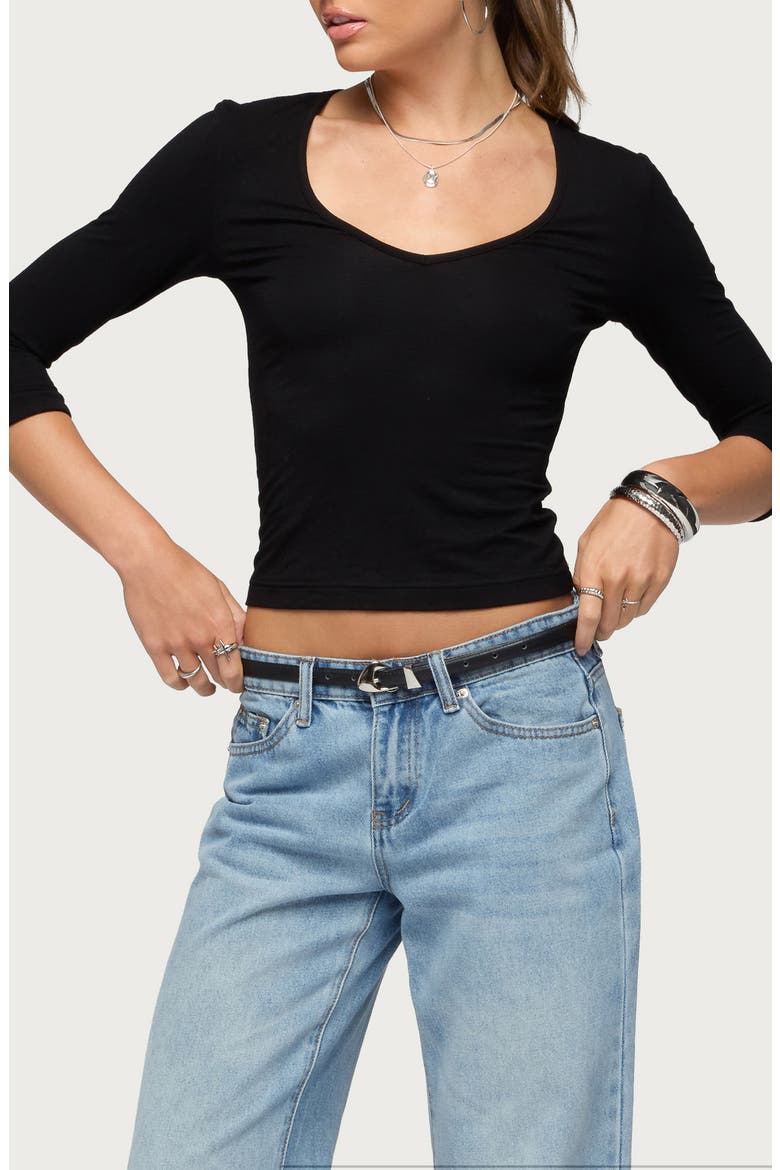 Jamila Three-Quarter Sleeve Jersey Crop Top, Main, color, BLACK