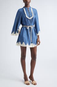 Zimmermann Awaken Belted Lace Trim Denim Minidress