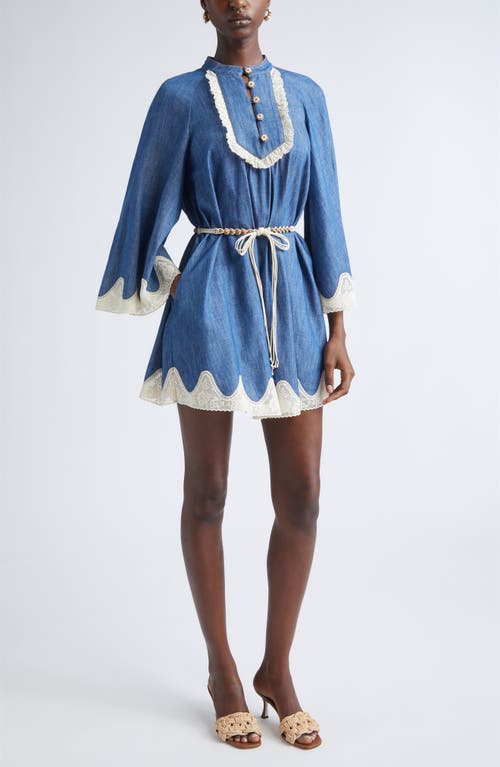 Zimmermann Awaken Belted Lace Trim Denim Minidress In Blue