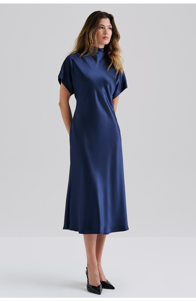 Malina Alivia Short Sleeve Satin Midi Dress, Main, color, Dark Blue