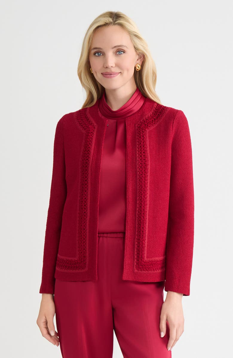 Misook Hertiage Tonal Crochet Trim Knit Jacket, Main, color, Scarlet Red