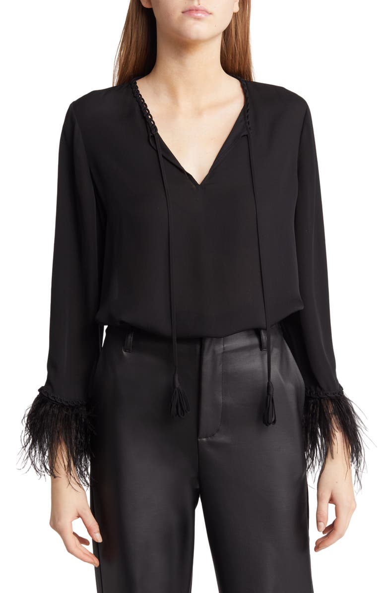 KOBI HALPERIN Jilly Feather Cuff Silk Blouse, Main, color, 