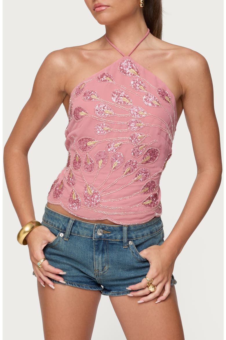Beaded Sequin Open Back Halter Top, Main, color, PINK