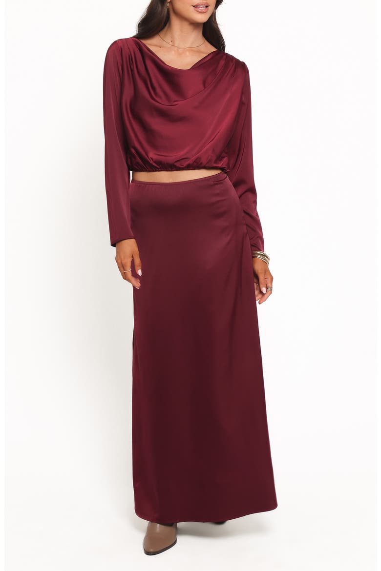 Catherine Satin Crop Top & Maxi Skirt Set, Main, color, BURGUNDY