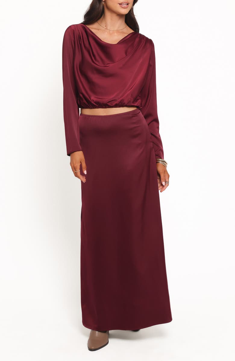 Petal & Pup Catherine Satin Crop Top & Maxi Skirt Set, Main, color, Burgundy