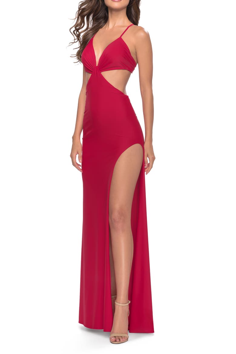 Jersey Prom Dress with Side Cut Outs and Tie Back, Alternate, color, Red