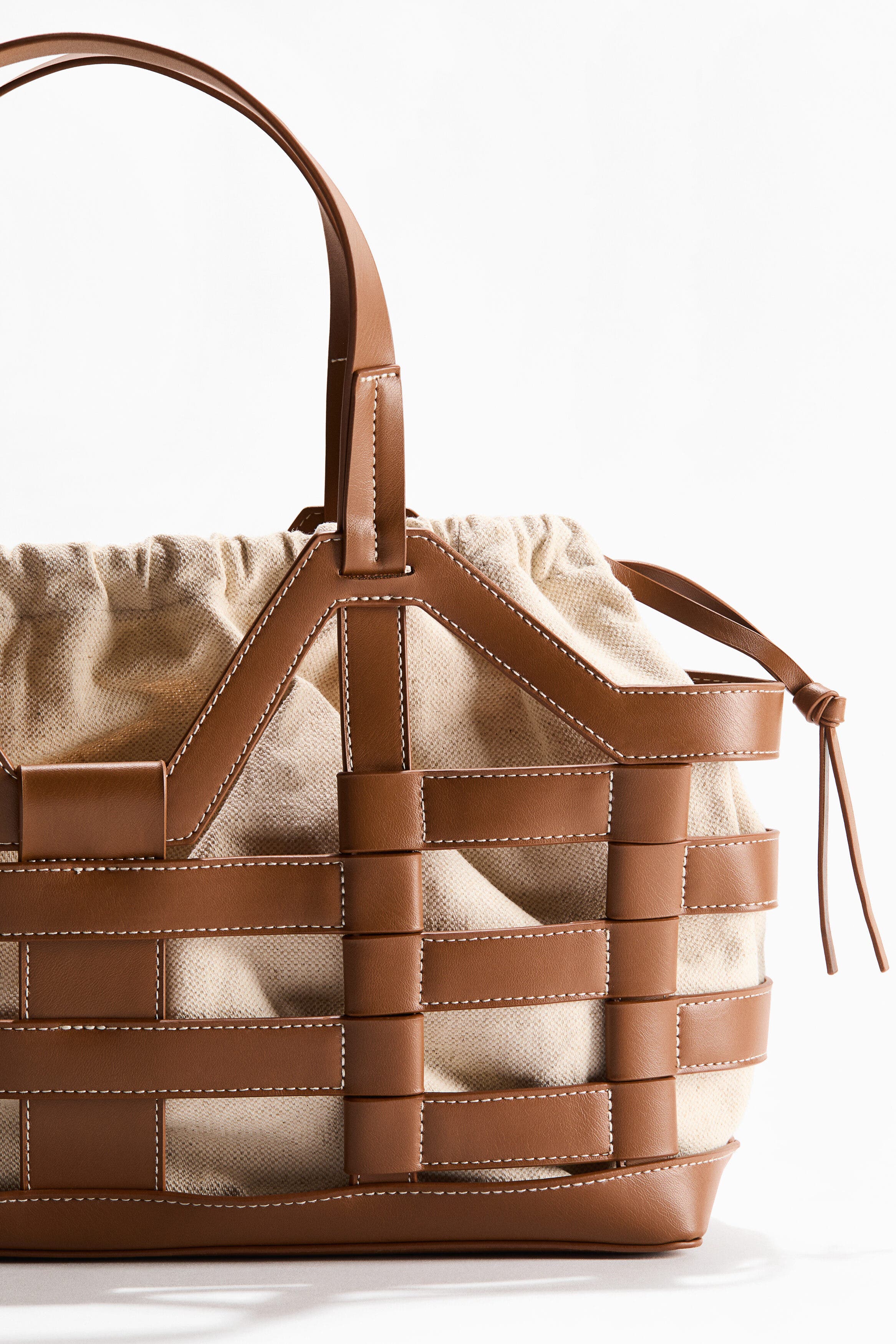 H&M Large drawstring-detail tote bag, Alternate, color, Brown/Light Beige