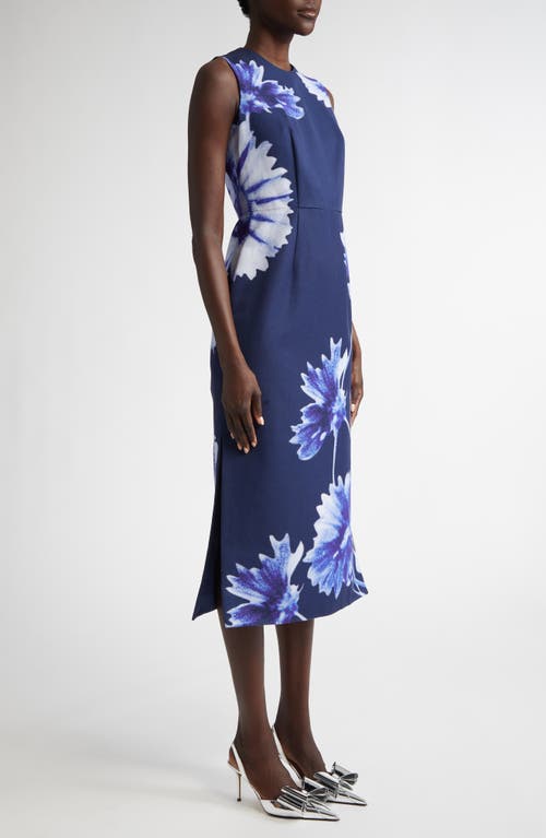 Shop Erdem Troubridge Floral Sleeveless Faille Pencil Midi Dress In Floral Indigo