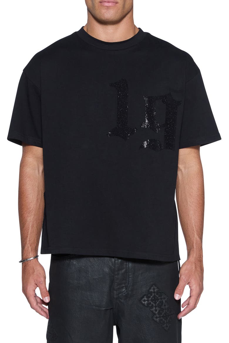 Stardom Ekcess Oversize Crystal Embellished Cotton T-Shirt, Main, color, BLACK