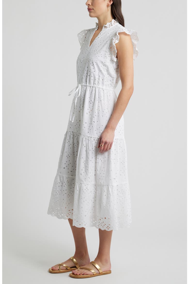 Ruffle Flutter Sleeve Cotton Broderie Anglaise Midi Dress, Alternate, color, WHITE