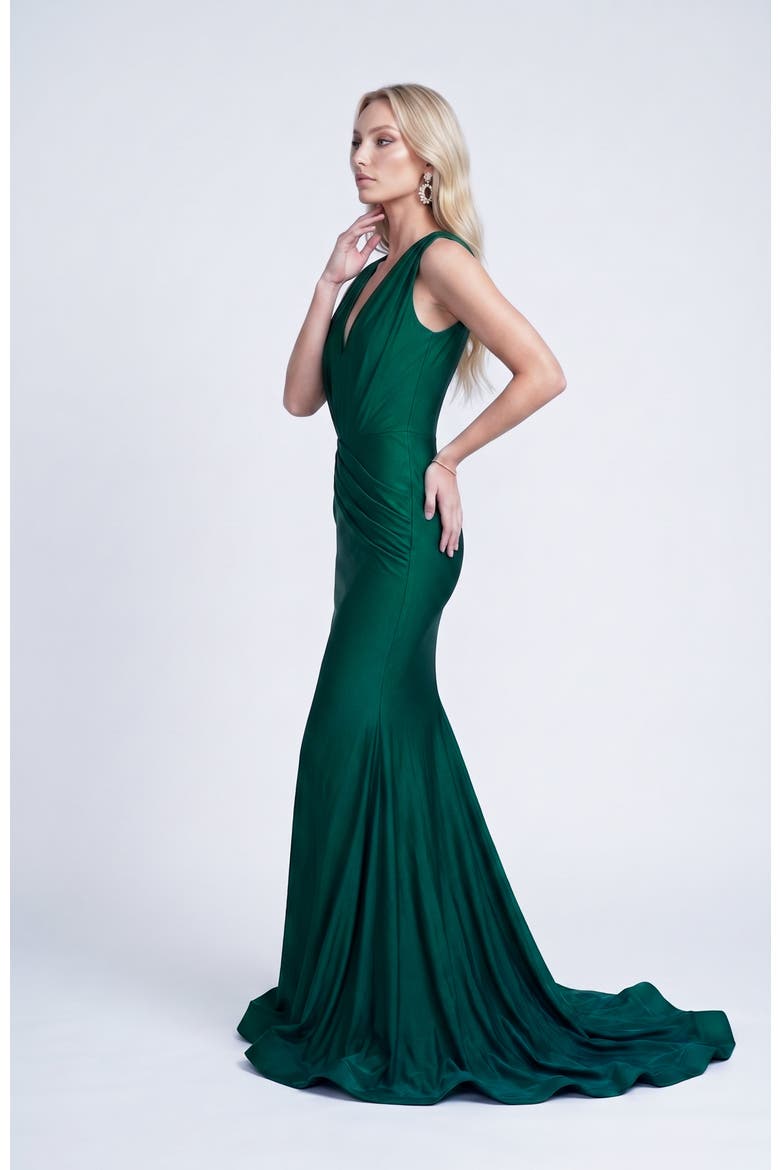 Ruched Plunge Pleated Sleeveless Mermaid Gown, Alternate, color, Forest Green