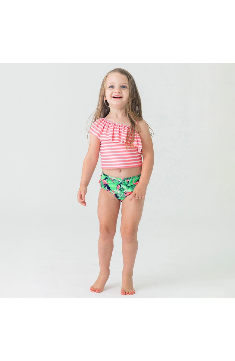 RuffleButts Baby Girls One Shoulder Ruffle Tankini, Alternate, color, Flamingo Frenzy