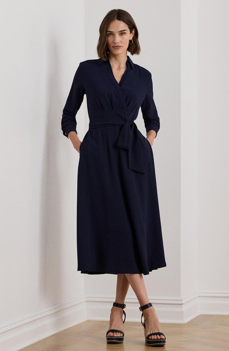Lauren Ralph Lauren Surplice Long Sleeve Georgette Midi Dress, Alternate, color, Lighthouse Navy