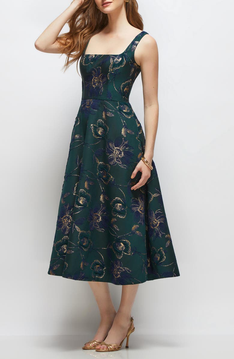 Dessy Collection Metallic Square Neck Jacquard Midi Cocktail Dress, Alternate, color, Evergreen Floral