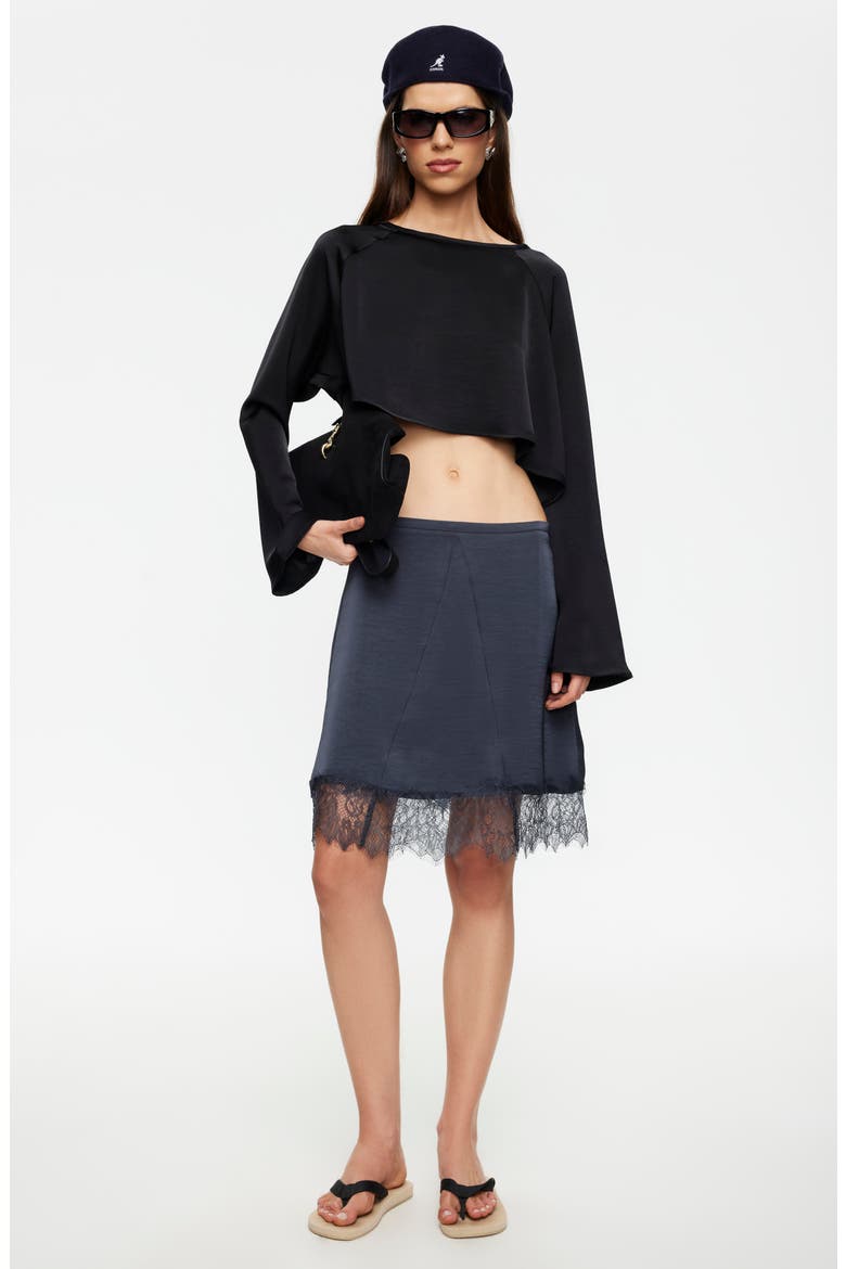 Gloss Long Sleeve Satin Crop Top, Alternate, color, NOIR