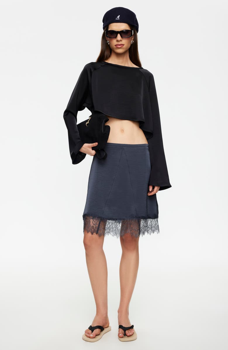 LIONESS Gloss Long Sleeve Satin Crop Top, Alternate, color, Noir