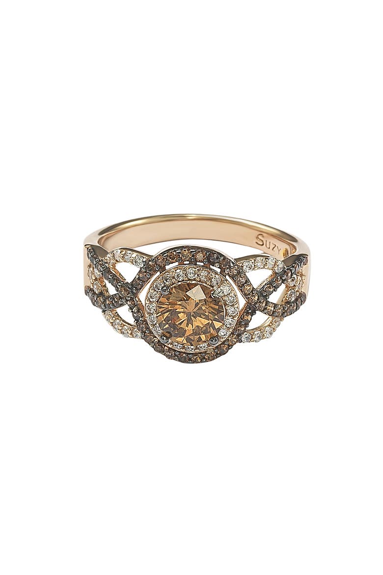 Rose-Tone Sterling Silver Brown & White CZ Crossover Bridal Ring, Main, color, ROSE BROWN
