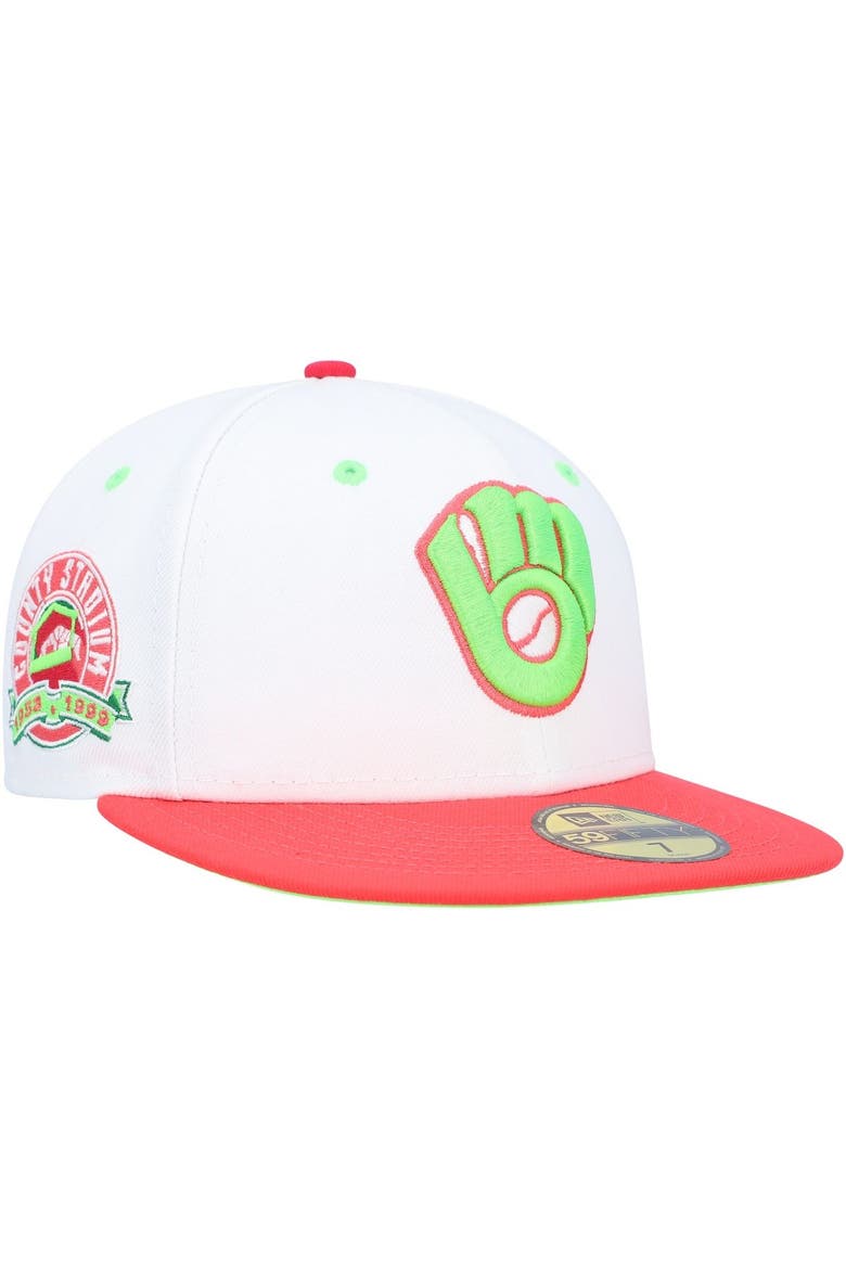 Men's New Era White/Coral Milwaukee Brewers  County Stadium Strawberry Lolli 59FIFTY Fitted Hat, Alternate, color, White