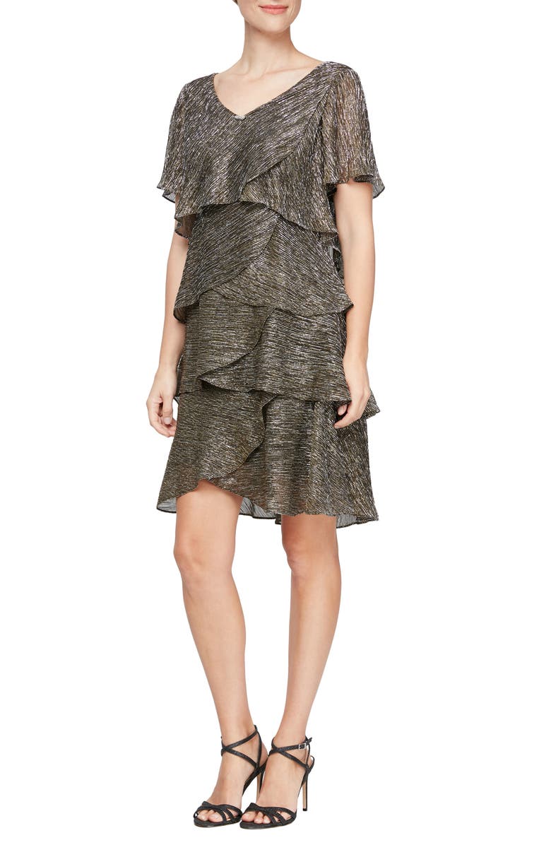 SL FASHIONS Tiered Shimmer Metallic Flutter Sleeve Dress, Main, color,