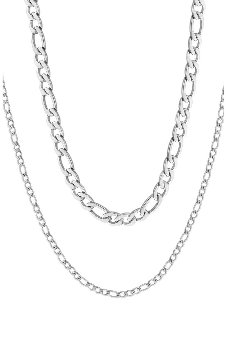 Men's Set of 2 Water Resistant Stainless Steel Figaro Chain Necklaces, Main, color, SILVER