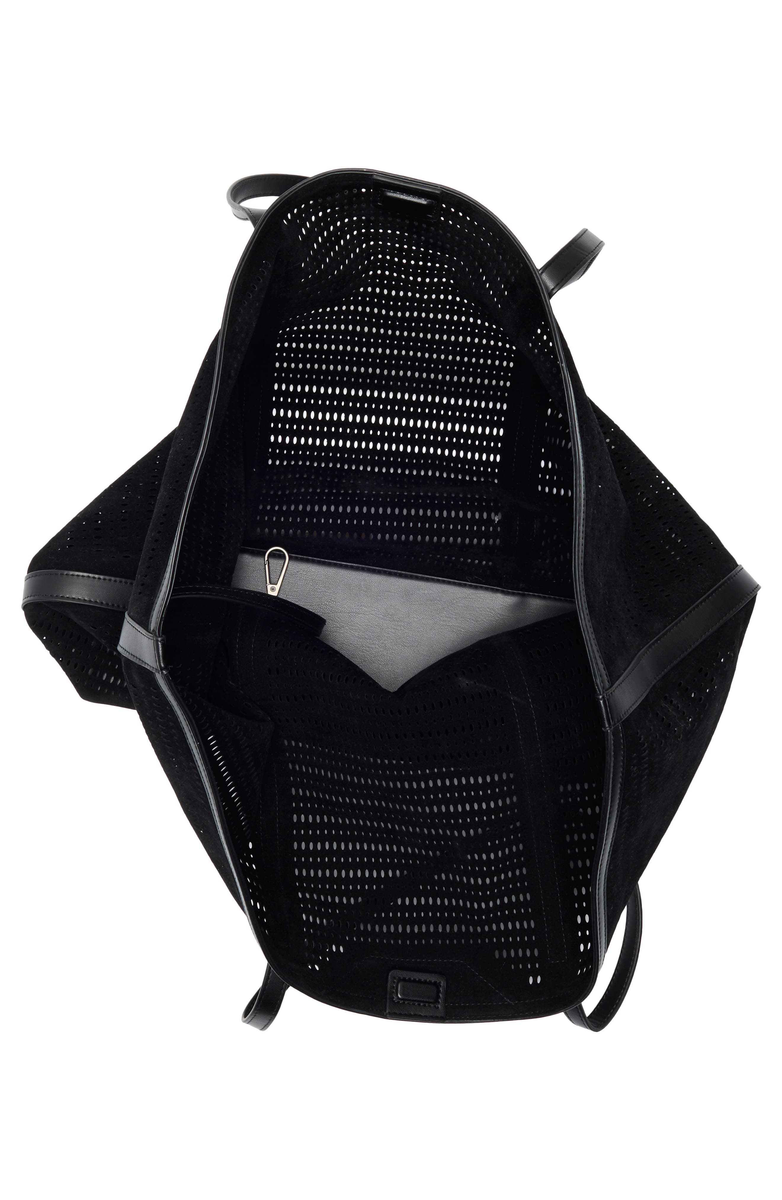 BCBG Flared Perforated Faux Leather Tote, Alternate, color, Black