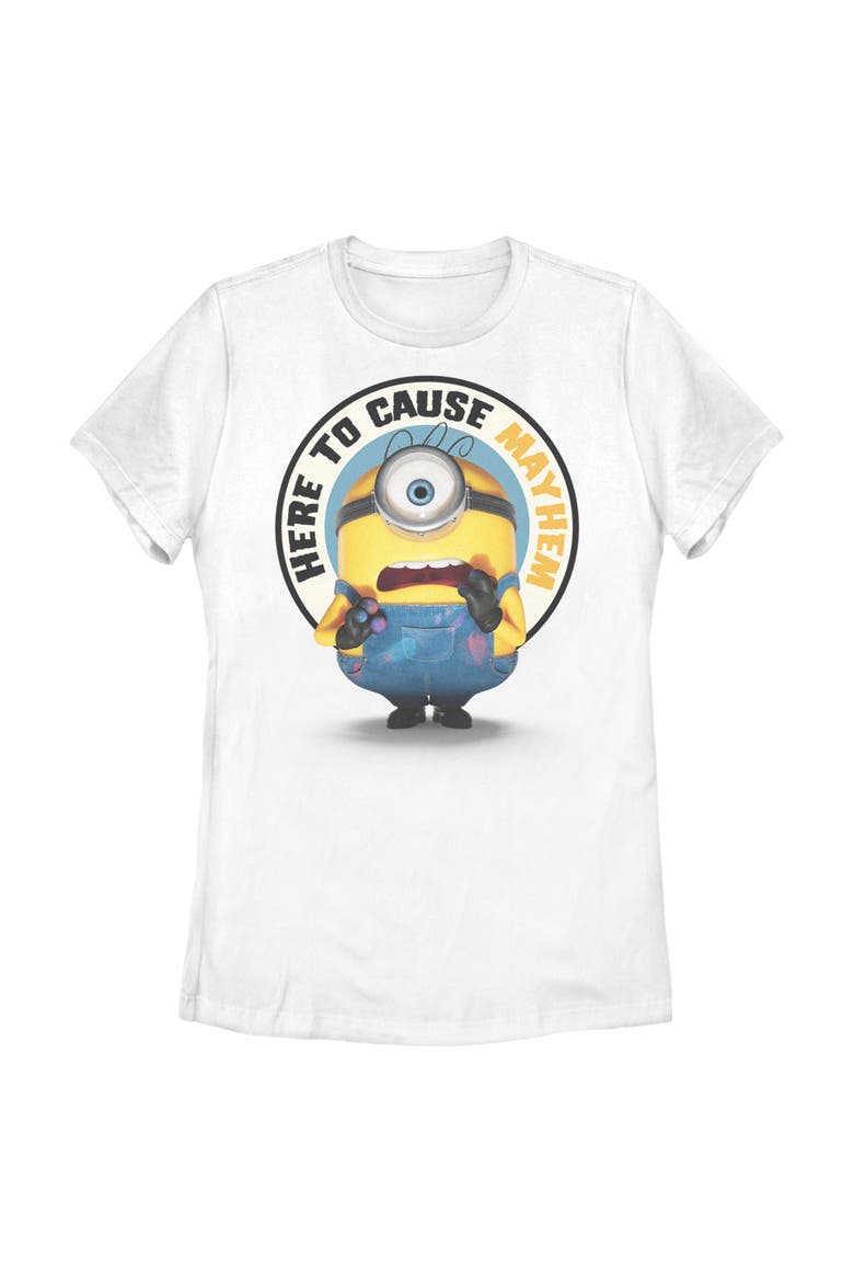 Junior's Minions & Monsters Here To Cause Mayhem  Graphic T-Shirt, Main, color, White