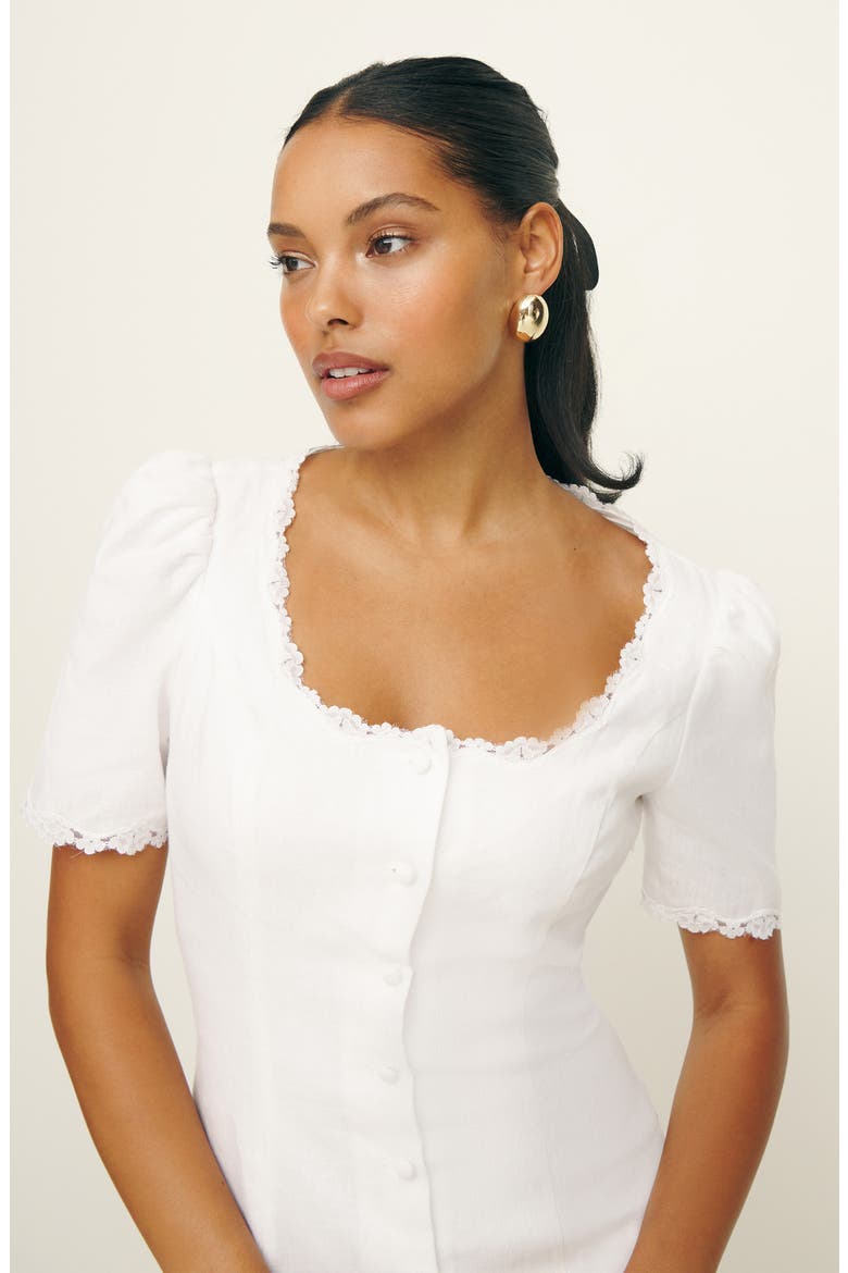 Annabella Lace Trim Linen Minidress, Alternate, color, WHITE