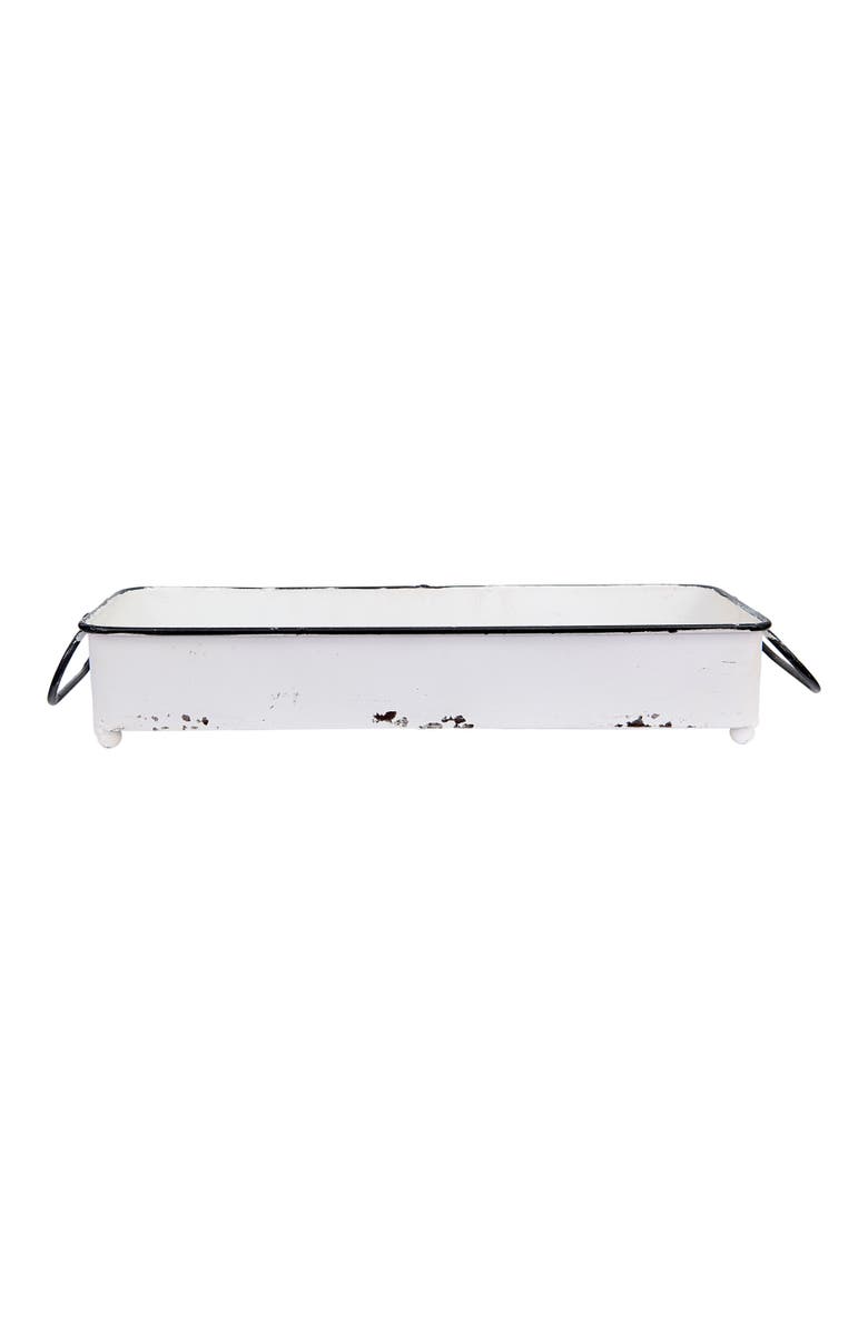 Storied Home Decorative Metal Tray with 2 Handles and Distressed Finish, White and Black, Main, color, White