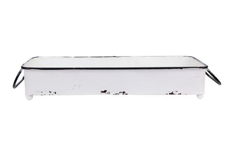 Decorative Metal Tray with 2 Handles and Distressed Finish, White and Black