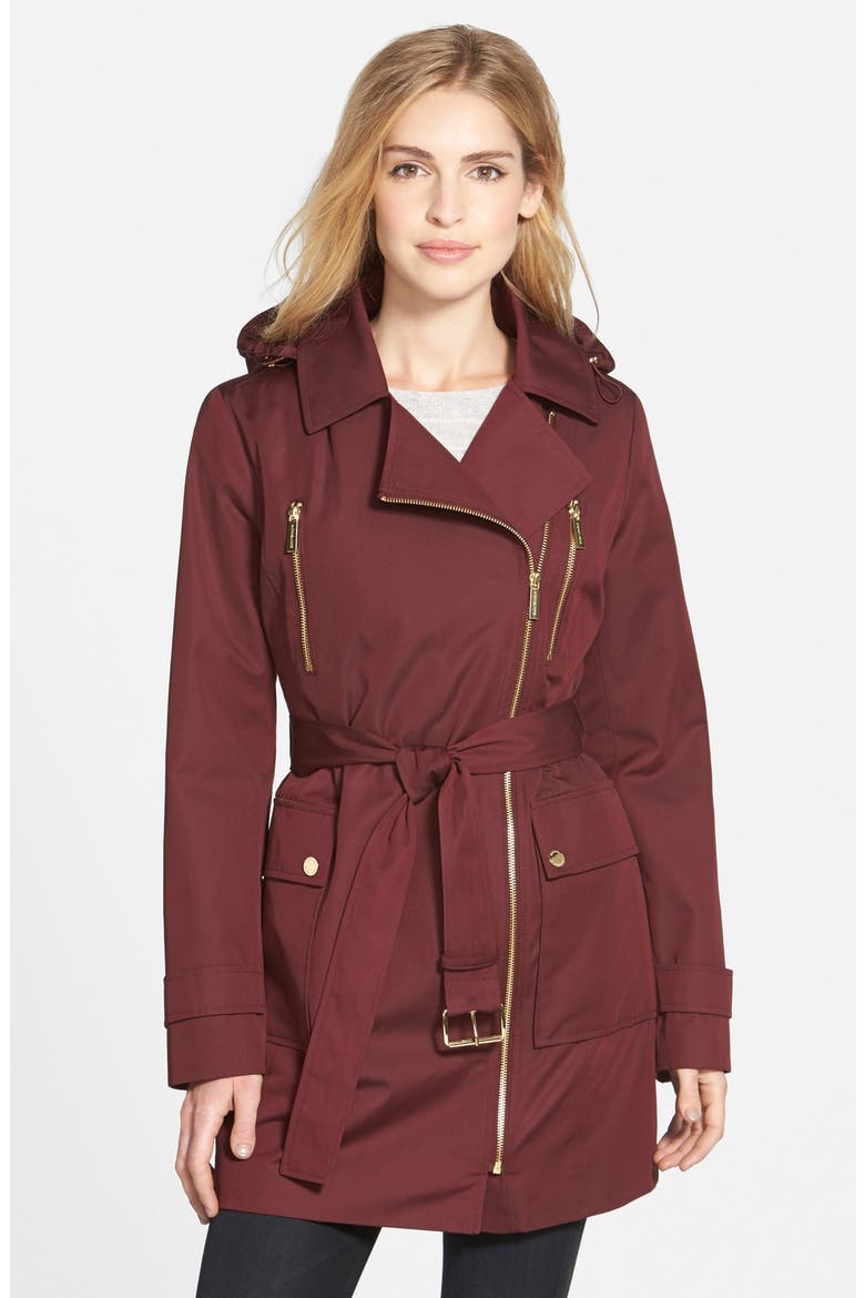 Sateen Asymmetrical Zip Trench Coat with Removable Hood & Liner, Main, color, BURGUNDY