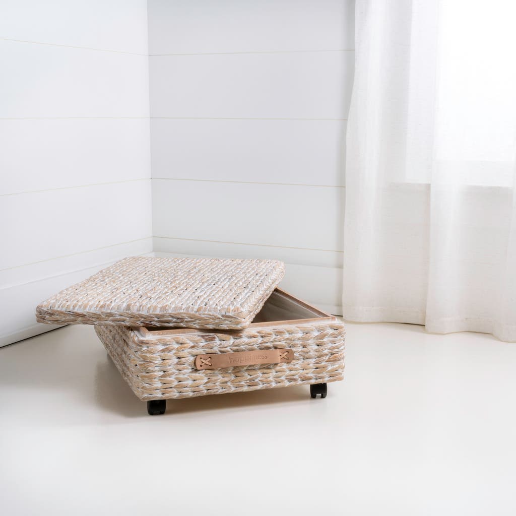 Happimess Chett Minimalist Hand-woven Hyacinth/wood Underbed Storage Bin With Wheels And Handles In White Wash