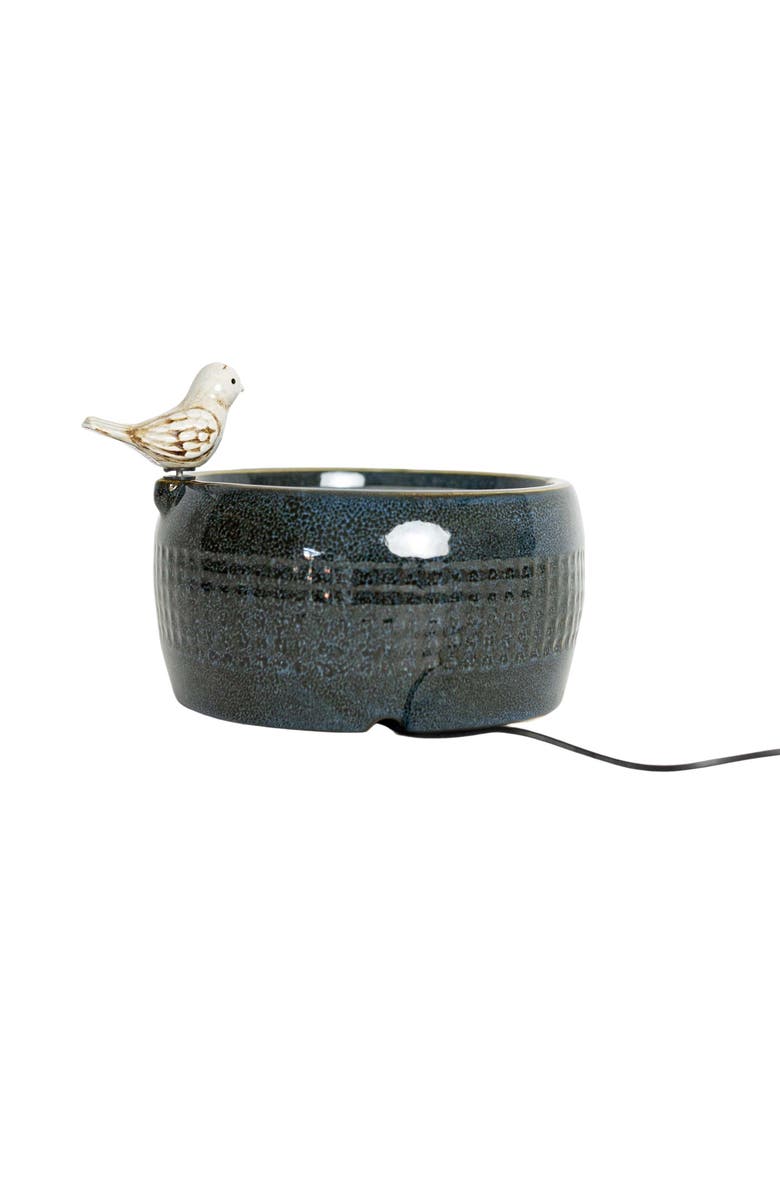 Foreside Home and Garden 8.86" Blue Porcelain Bird Fountain with Natural Pebbles & LED Lights, Alternate, color, Blue