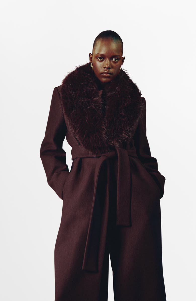 MANGO Manteco Belted Longline Trench Coat with Removable Faux Fur Collar, Alternate, color, Maroon