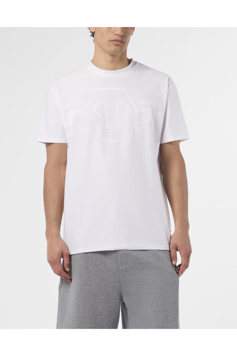 Round Neck T-Shirt Jacquard Hexagon Line Men, Main, color, white
