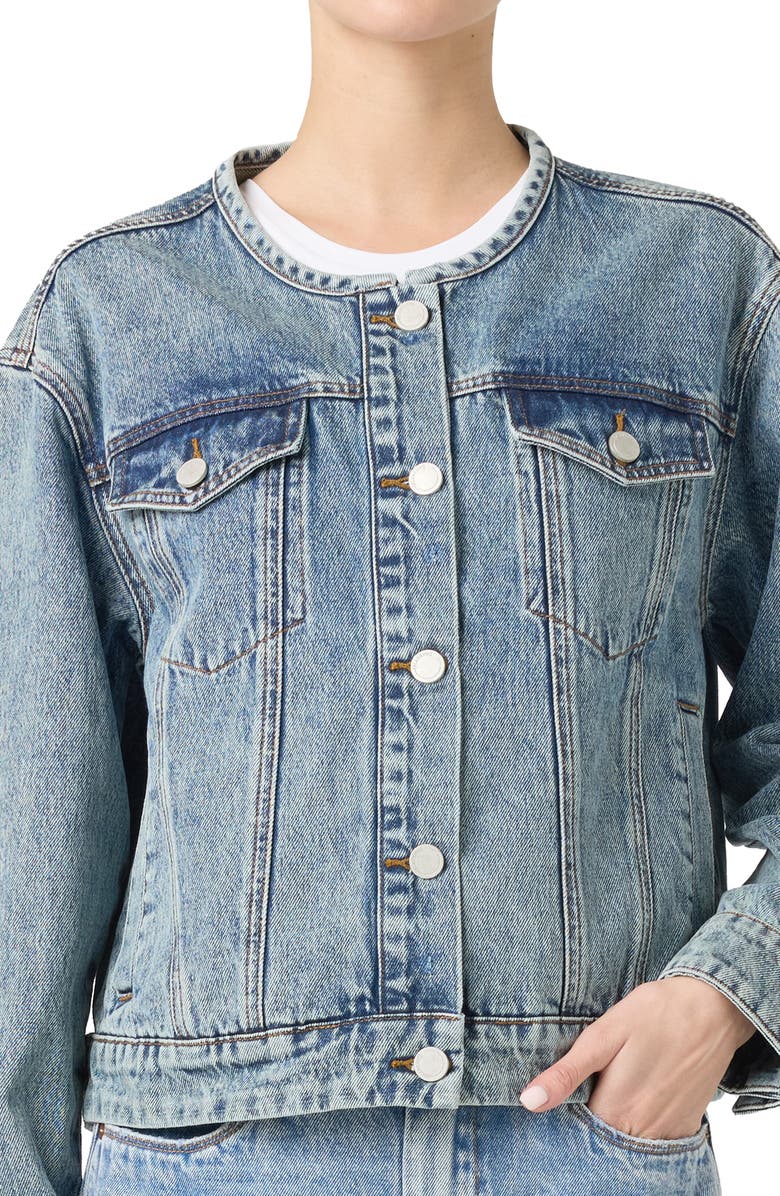 BLANKNYC Collarless Denim Trucker Jacket, Alternate, color, 
