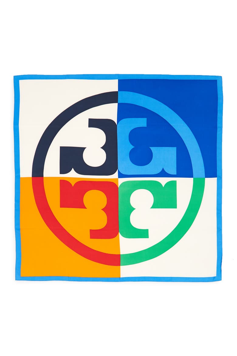 Colorblock Logo Silk Scarf, Alternate, color, BONDI BLUE