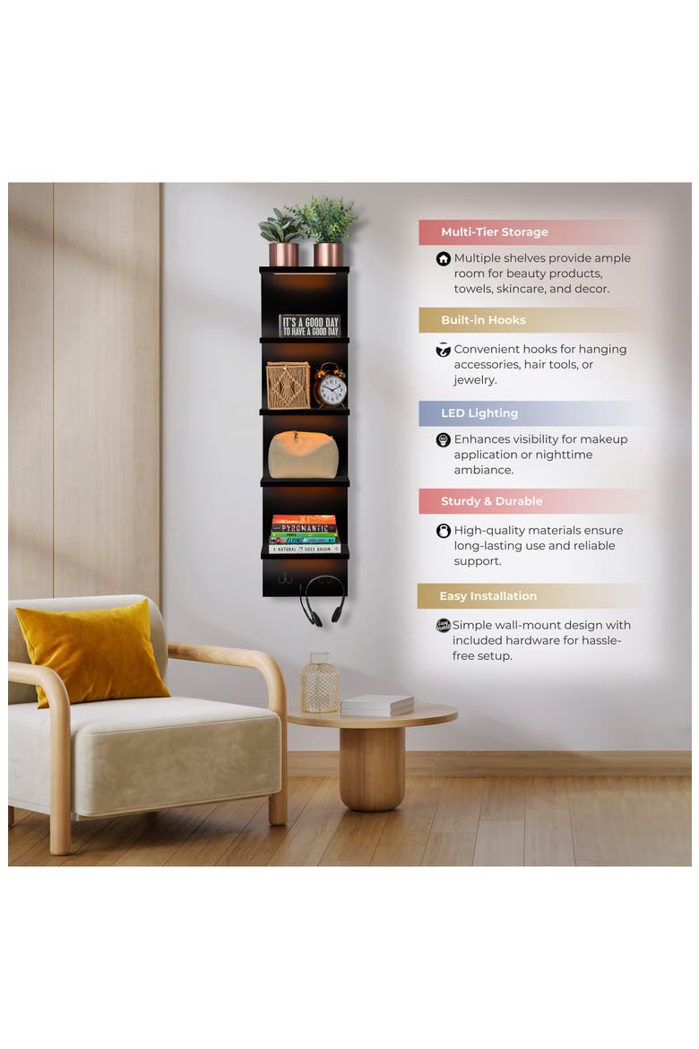 5-Tier Wall Mounted Floating Shelf, Alternate, color, BLACK