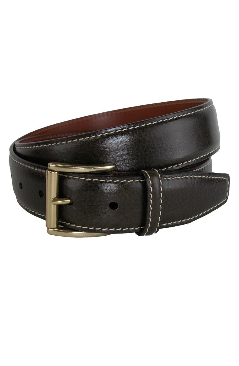 CrookhornDavis Men's Mignon Garrison Grain Calfskin Feather Edge Belt, Main, color, Dark Brown