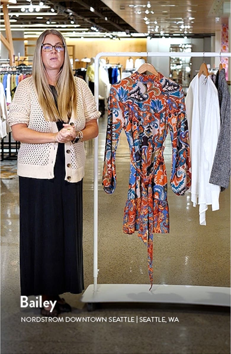 Twin Print Tie Belt Mock Neck Long Sleeve Dress, sales video thumbnail